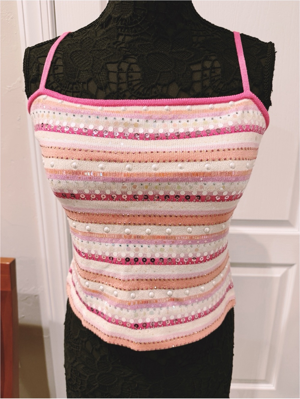 NWOT St John Sequined Pearl-Embellished Pink Stripe Tank Top